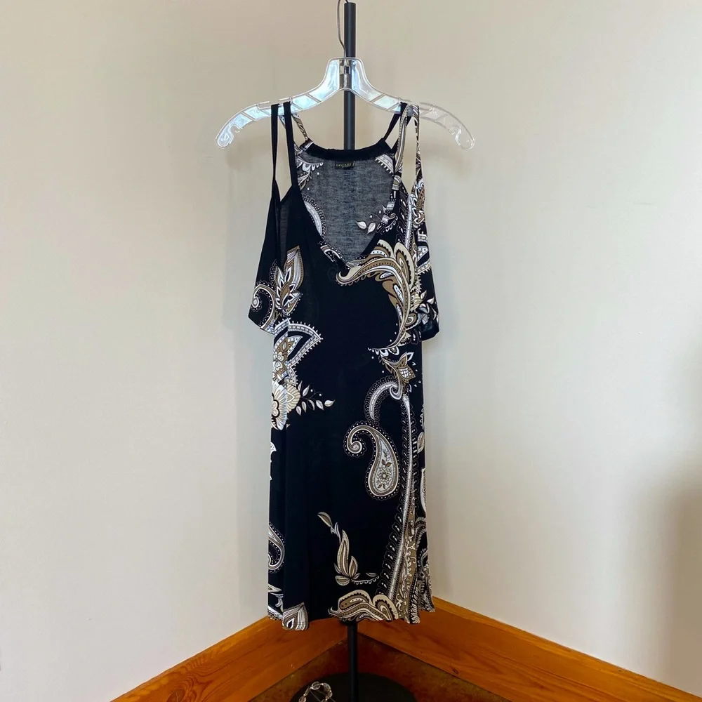 LASCANA for Venus Cold-shoulder Mini Dress Black Paisley XS - Picture 3 of 11